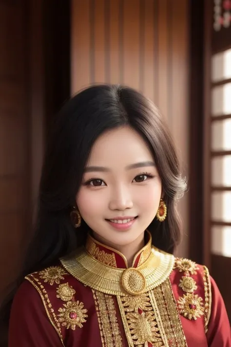 a beautiful sundanese woman, smiling, looking at camera, standing, masterpiece, ultra detailed, detailed shadow, detailed face textures