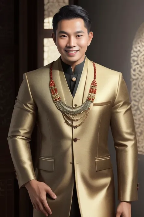 a handsome javanese man, smiling, looking at camera, standing, masterpiece, ultra detailed, detailed shadow, detailed face textures