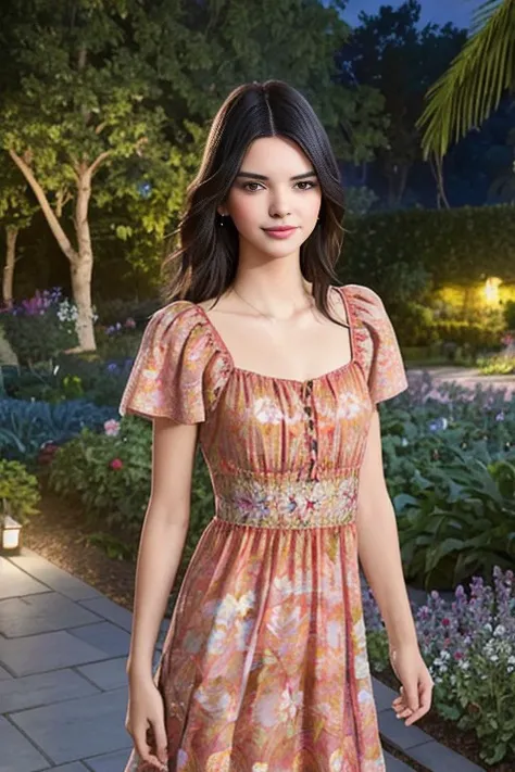 Kendall Jenner, wearing batik sundress in floral pattern, smiling, looking at camera, highlights in hair, standing in a garden at night, photorealistic, side lighting, masterpiece