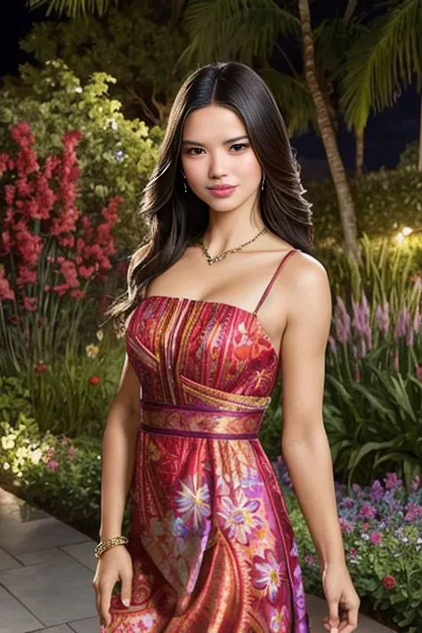 Adriana Lima, wearing batik sundress in floral pattern, smiling, looking at camera, highlights in hair, standing in a garden at night, photorealistic, side lighting, masterpiece