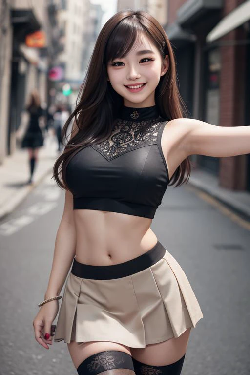 3/4 shot of a young woman in crop top, skirt and thighhighs, dynamic pose, smiling, detailed face, alley background, skin details, intricate details, muted colors, cinematic, grain, sharp focus, best quality, masterpiece