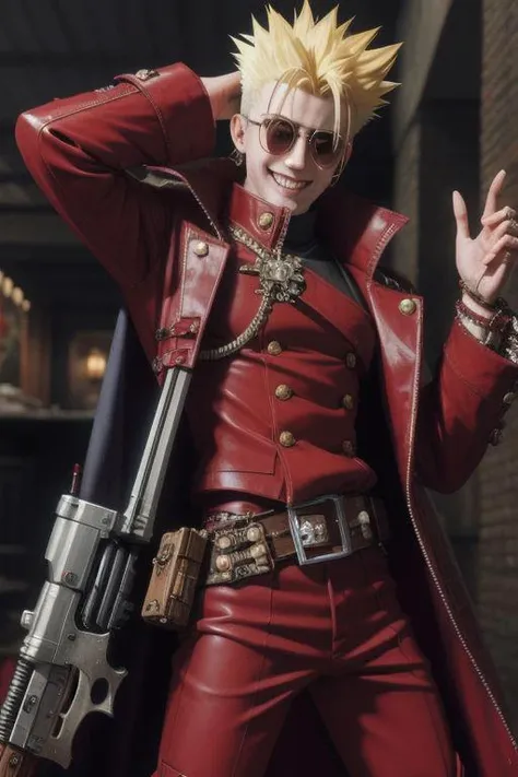 True Detektive Artwork, Vash the Stampede 1990, grin, very big Revolver, very detailed, uhd, high quality