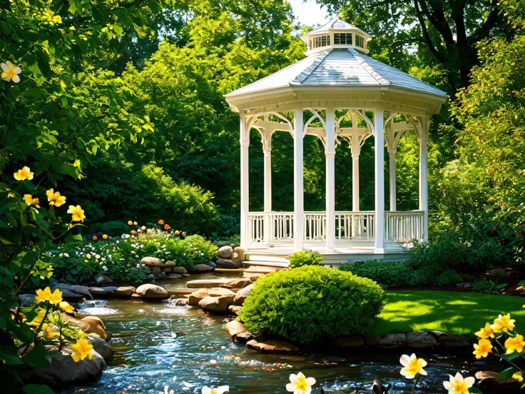 (white gazebo), shady flower garden, (creek), butterflies, birds, RAW photo, 64K, 32K, UHD, absurdres, Best resolution, hires textures, ultra-high resolution, (photoreal, photorealistic, hyperrealistic:1.3), realistic water, epic realistic, physically-realistic, Ultra-HD-photo-same-realistic, extremely high detailed, Ultra-HD-details, emphasized-details, Ambient Lighting, accent lighting, God Rays, Full-Frame DSLR, Kodak Ektachrome 100G