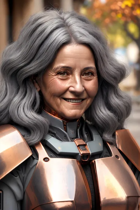 photorealistic texture (Medium close-up:1.2), (Israeli old woman bioluminiscent Copper color mecha zzcbrlnzz:1.3), (Holding a Smartphone:1.3), A proud and confident smile expression, (Gray long hair:1.4), Cobblestone Streets under Autumn Leaves with busy people doing their stuff <lora:Cyber Armor from HaDeS v1.02:1>  <lora:balanced lighting image enhancer v1.04:0.6> top down close-up . highly detailed, lifelike, precise, accurate