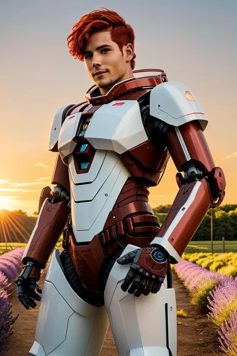 photorealistic cybernetic robot (Cowboy shot:1.2), (Bohemian male Pastel Red color mecha zzcbrlnzz:1.2), dynamic pose, A proud and confident smile expression, mecha headwear, (Mahogany short hair:1.4), Sunset over Lavender Fields with busy people doing their stuff <lora:Cyber Armor from HaDeS v1.02:1>  <lora:balanced lighting image enhancer v1.04:0.6> . android, AI, machine, metal, wires, tech, futuristic, highly detailed . highly detailed, lifelike, precise, accurate