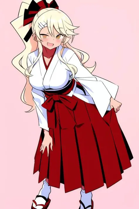 <lora:Tanaka_Ryouko:1>TanakaRyouko, 1girl, solo, japanese clothes, hair ornament, smile, open mouth, full body, hakama, dark-skinned female, miko, breasts, white kimono, fang, wide sleeves, kimono, skirt, :d, looking at viewer, ribbon, long sleeves, hair ribbon, hakama skirt, standing, red hakama, bangs, ponytail, hand up, tabi, red ribbon, blush, very long hair, high ponytail, hair between eyes, socks, white socks, pink background, sandals, medium breasts, large breasts.
masterpiece, high quality, very_high_resolution, large_filesize, full color,