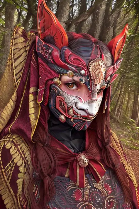 woman in a mythical forest, masterpiece, perfect face, intricate details, horror theme <lora:Ritual_Mask_SD15:1> ritual mask