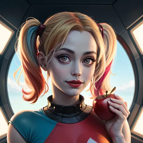 a portrait of (harley quinn) holding an apple inside a futuristic spaceship, (natural skin texture, highly detailed face), best quality, sharp focus, masterpiece, absurdres, by holly randall