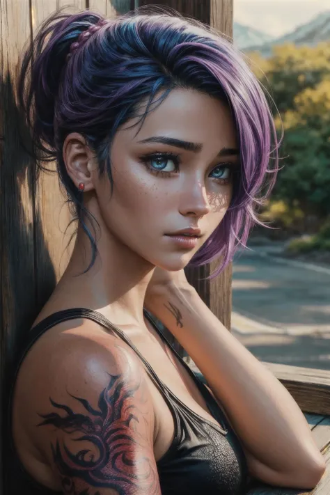 portrait a girl with a dragon tattoo on her arm, vivid colours, HDR, hard shadows, art photography, soft focus, masterpiece, breathtaking, atmospheric perspective, diffusion, pore correlation, skin imperfections, 80mm Sigma f2, depth of field, intricate natural lighting <lora:add_detail:1>