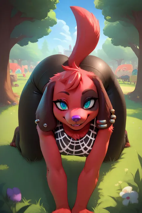 zPDXL,<lora:Cherry_Animal_Crossing:.9>, <lora:Beautiful_CAT_Pony:.8>
cherry (animal crossing), purple nose, red fur, teal eyes, furry female, dog girl, ear piercing, tail, webbed shirt, black leggings, looking at viewer, smiling, on all fours, on grass, trees, park, blue sky,