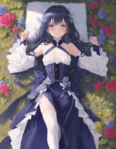 {Correct finger structure},chinadress,lying,medium_breasts,white_thighhighs, {best quality}, {{masterpiece}}, {highres}, {an extremely delicate and beautiful}, original, extremely detailed wallpaper,1girl,{COLORFUL},{VIVID COLORS},{VIVID},{flat color},