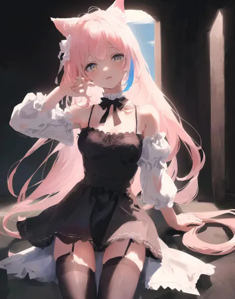 chinadress,wet,medium_breasts,white_thighhighs, {best quality}, {{masterpiece}}, {highres}, {an extremely delicate and beautiful}, original, extremely detailed wallpaper,1girl,{COLORFUL},{VIVID COLORS},{VIVID},{flat color},{Hand detail},{{Correct hand structure}},{cat_ears},{Background refinement},{Sharp fingers},{summer_dress},{Natural light and shadow},{Natural movement},{stockings}
