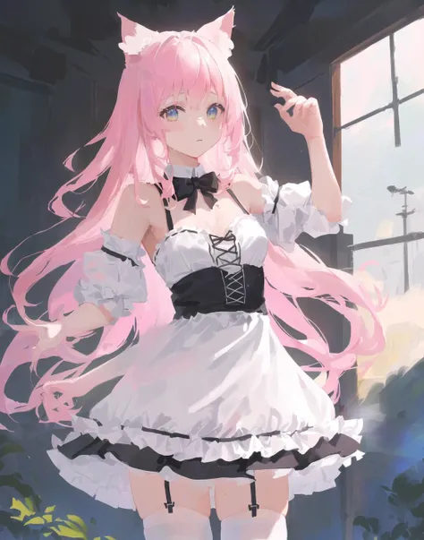 chinadress,wet,medium_breasts,white_thighhighs, {best quality}, {{masterpiece}}, {highres}, {an extremely delicate and beautiful}, original, extremely detailed wallpaper,1girl,{COLORFUL},{VIVID COLORS},{VIVID},{flat color},{Hand detail},{{Correct hand structure}},{cat_ears},{Background refinement},{Sharp fingers},{summer_dress}