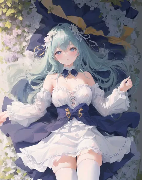 chinadress,lying,medium_breasts,white_thighhighs, {best quality}, {{masterpiece}}, {highres}, {an extremely delicate and beautiful}, original, extremely detailed wallpaper,1girl,{COLORFUL},{VIVID COLORS},{VIVID},{flat color}