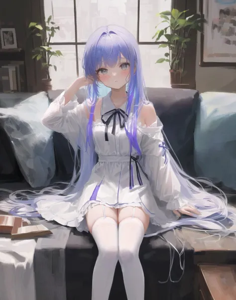{pajamas},bare_legs,ahoge,Side sitting,medium_breasts,white_thighhighs, {best quality}, {{masterpiece}}, {highres}, {an extremely delicate and beautiful}, original, extremely detailed wallpaper,1girl,{COLORFUL},{VIVID COLORS},{VIVID},{flat color},{Hand detail},{{Correct hand structure}},{Hand fan}