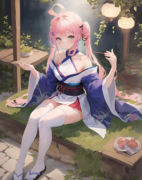 {japanese_clothes},bare_legs,ahoge,Side sitting,medium_breasts,white_thighhighs, {best quality}, {{masterpiece}}, {highres}, {an extremely delicate and beautiful}, original, extremely detailed wallpaper,1girl,{COLORFUL},{VIVID COLORS},{VIVID},{flat color},{Hand detail},{{Correct hand structure}}