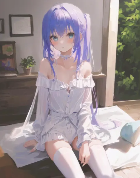 {pajamas},bare_legs,ahoge,Side sitting,medium_breasts,white_thighhighs, {best quality}, {{masterpiece}}, {highres}, {an extremely delicate and beautiful}, original, extremely detailed wallpaper,1girl,{COLORFUL},{VIVID COLORS},{VIVID},{flat color},{Hand detail},{{Correct hand structure}},{collarbone}