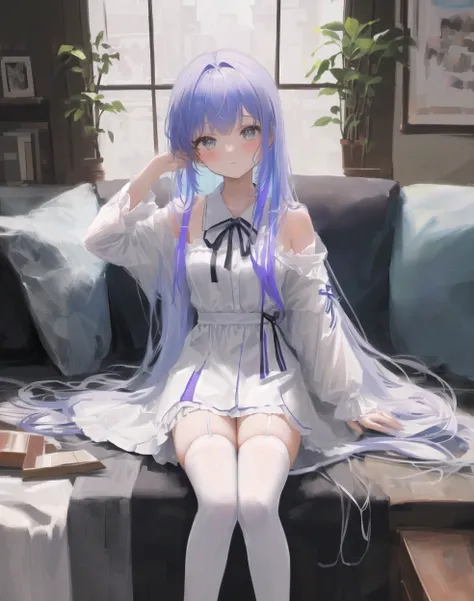 {pajamas},bare_legs,ahoge,Side sitting,medium_breasts,white_thighhighs, {best quality}, {{masterpiece}}, {highres}, {an extremely delicate and beautiful}, original, extremely detailed wallpaper,1girl,{COLORFUL},{VIVID COLORS},{VIVID},{flat color},{Hand detail},{{Correct hand structure}},{Hand fan}