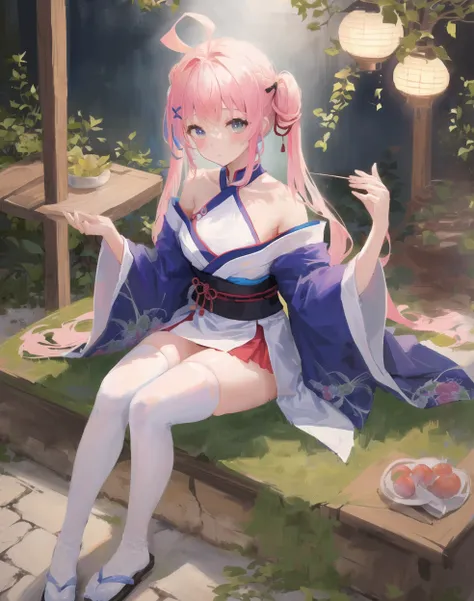 {japanese_clothes},bare_legs,ahoge,Side sitting,medium_breasts,white_thighhighs, {best quality}, {{masterpiece}}, {highres}, {an extremely delicate and beautiful}, original, extremely detailed wallpaper,1girl,{COLORFUL},{VIVID COLORS},{VIVID},{flat color},{Hand detail},{{Correct hand structure}}