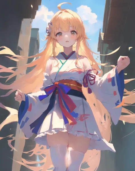 {japanese_clothes},standing,bare_legs,ahoge,medium_breasts,white_thighhighs, {best quality}, {{masterpiece}}, {highres}, {an extremely delicate and beautiful}, original, extremely detailed wallpaper,1girl,{COLORFUL},{VIVID COLORS},{VIVID},{flat color},{Hand detail},{{Correct hand structure}},{shy},{finery},{Natural movement}