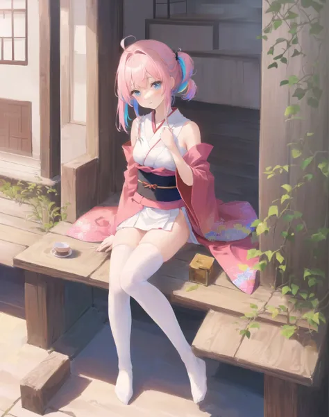 {japanese_clothes},bare_legs,ahoge,Side sitting,medium_breasts,white_thighhighs, {best quality}, {{masterpiece}}, {highres}, {an extremely delicate and beautiful}, original, extremely detailed wallpaper,1girl,{COLORFUL},{VIVID COLORS},{VIVID},{flat color},{Hand detail},{{Correct hand structure}},{Hand fan}