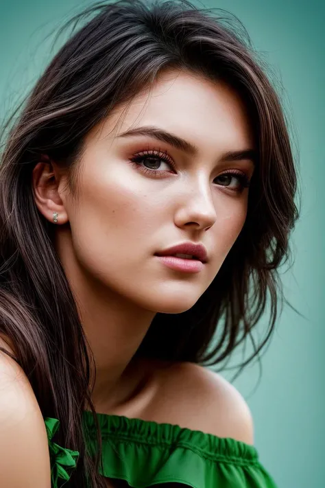 photo of beautiful (r4chelpizz0lat0:0.99), a woman with perfect hair, wearing (green off-shoulder shirt:1.1), ((Roma:1.1)), (plain blue background:1.1), (happy:1.2), modelshoot style, (extremely detailed CG unity 8k wallpaper), professional majestic (photography by nan goldin:1.1), (Sony a7 IV Mirrorless Camera), 24mm, exposure blend, hdr, faded, extremely intricate, High (Detail:1.1), Sharp focus, dramatic, soft cinematic light, (upper body), (looking at viewer), (detailed pupils), 24mm, 4k textures, soft cinematic light, adobe lightroom, photolab, elegant, ((((cinematic look)))), soothing tones, insane details, hyperdetailed, low contrast