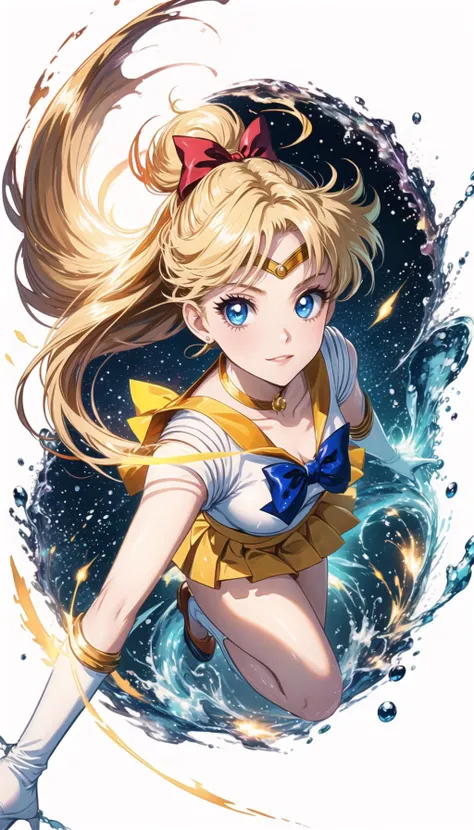 professional art of a active girl, girl in a battle, 
anime 1990s, bishoujo senshi sailor moon, EPsmSailorVenus, 
orange choker, gold tiara, bow, white gloves, blue bow, orange sailor collar, elbow gloves, miniskirt, orange skirt, tiara, choker, sailor senshi uniform, skirt, 
sapphire eyes, lightblue eyes, long blond hair, 
explosionmagic, excessive energy, glowing aura, 
<lora:PAseer-SD15-LCM Quick:0.8>, <lora:add_detail:0.2>, <lora:detail_slider_v4:0.5>, <lora:ExplosionMagic:0.3>, <lora:EPsmVenus:0.8>