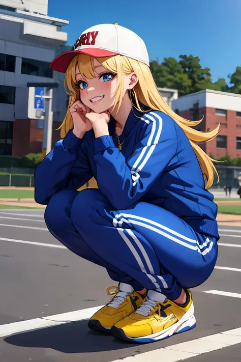 (ultra high res, ultra detailed, high resolution, highly detailed, 4k, 8k),(masterpiece), 1girl, solo, long hair, blonde hair, blue eyes, earrings, jewelry, lipstick, makeup, <lora:EPsmSailorVenus-07:0.7>, street, slav squatting,cinematic angle, air_jordan_1,track suit,grin,gold chain,jewelry,yellow footwear,grin,baseball cap