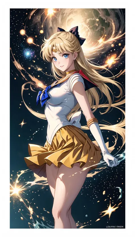 professional art of a active girl, girl in a battle, 
anime 1990s, bishoujo senshi sailor moon, EPsmSailorVenus, 
orange choker, gold tiara, bow, white gloves, blue bow, orange sailor collar, elbow gloves, miniskirt, orange skirt, tiara, choker, sailor senshi uniform, skirt, 
sapphire eyes, lightblue eyes, long blond hair, 
explosionmagic, excessive energy, glowing aura, 
<lora:PAseer-SD15-LCM Quick:0.8>, <lora:add_detail:0.2>, <lora:detail_slider_v4:0.5>, <lora:ExplosionMagic:0.3>, <lora:EPsmVenus:0.8>