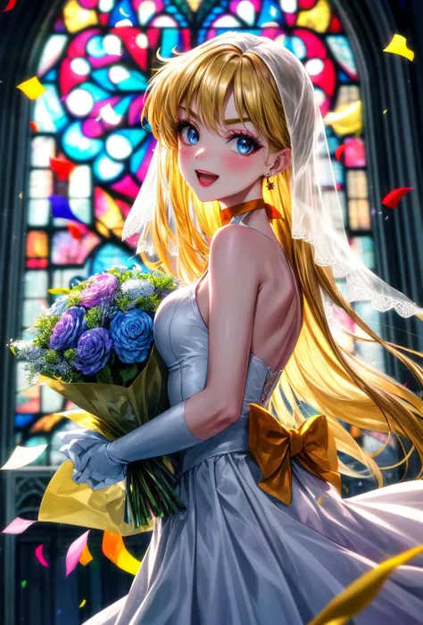 (masterpiece), best quality, (((ultra detailed, 8k quality))), expressive eyes, perfect face, perfect anatomy, perfect body, scene, <lora:scene_:0.7>,  <lora:more_details:0.7>, <lora:beautiful_detailed_eyes:0.5>, <lora:GoodHands-beta2:0.7>, <lora:give_it_a_name:0.7>,
 , <lora:EPsmSailorVenus-07:0.8>, EPsmSailorVenus, long hair, blonde hair, blue eyes, earrings, jewelry, lipstick, makeup, orange choker, long hair, indoors, church, stained glass, whie veil, laced gloves, upperbody, close portrait church, holding bouquet, (confetti:1.1), smile, open mouth, white dress, wedding dress, church, holding bouquet, (confetti:1.1)