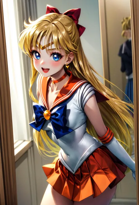 (masterpiece), best quality, (((ultra detailed, 8k quality))), expressive eyes, perfect face, perfect anatomy, perfect body, scene, <lora:scene_:0.7>, <lora:more_details:0.7>, <lora:beautiful_detailed_eyes:0.5>, <lora:GoodHands-beta2:0.7>, <lora:give_it_a_name:0.7>,
solo,indoors, changing room, mirror, reflection , <lora:EPsmSailorVenus-07:1>, EPsmSailorVenus, long hair, blonde hair, blue eyes, v-shaped eyebrows, earrings, jewelry, lipstick, makeup, orange choker, back bow, looking at viewer, bow, pleated skirt, cowboy shot, long hair, gloves, heart, red bow, sailor collar, hair bow, white gloves, blue bow, open mouth, orange sailor collar, half updo, solo, shiny, elbow gloves, jewelry, earrings, :d, miniskirt, orange skirt, tiara, choker, sailor senshi uniform, magical girl, skirt, leotard, sleeveless,