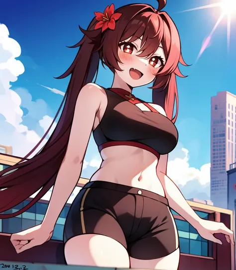 gyal style, gyal fashion, expensive heart-shaped collar, jewel rings, expensive bracelet, short red hair, looking at viewer, licking lips, gyal outfit, sheer white top, tempting, gorgeous, hot, revealing, tanned, blue hotpants, tight, red eyes, alluring, sexy pose, blissful, night, tokyo street