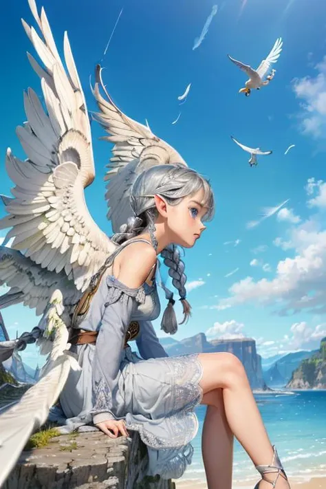 (best quality:1.2) (4k:1.) (very high resolution:1.1) , (realistic photograph:1.1) , (ultra detailed CG:1.1) ,
1girl elf , solo , (detailed face:1) , (small breasts:1) , (silver french braid:1.1) ,
<lyco:[LoHa]SeraphimConcept:.8> (Seraphim:1) , feathers , dress , bare shoulders , long sleeves , from side , sitting on edge , looking away , expressionless , close up , portrait , horizon , sky , architecture in background , perfect face