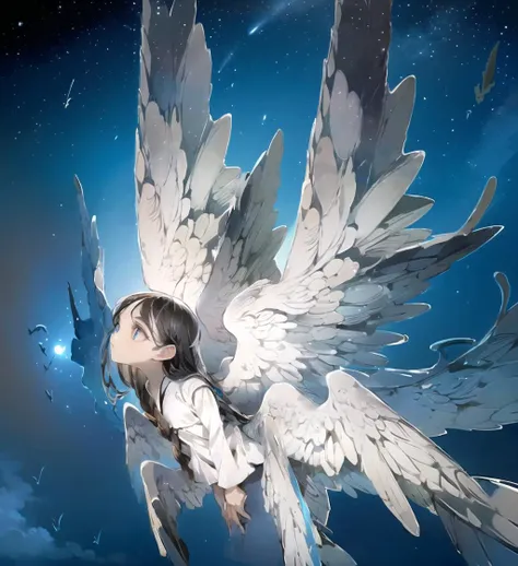 8k,  masterpiece, best quality, ultra-detailed,
1girl, solo,
kawaii, cute, very big eyes, Aesthetic Anime Eyes, small face,
<lyco:[LoHa] Seraphim Concept:1.0>, Seraphim,
black hair, long hair, white wings,
white robe,
expressionless, looking at another,
(flying:1.2),
(night sky), (dawn:1.4),
(cowboy shot:1.3),