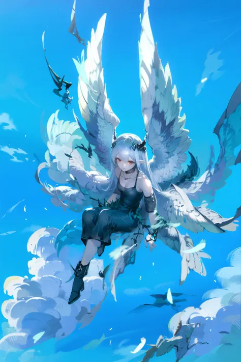 Seraphim, sky,  obsidian,horns,red eyes,black dress, detached sleeves,cleavage, bare shoulders,cloud, 1girl, day, flying, long hair, blue sky, feathers, boots, outdoors <lora:Seraphim-LOHA:1> <lora:Arknights-mudrock-Obsidian (With multires noise version):1>