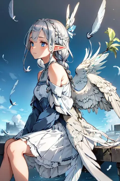 (best quality:1.2) (4k:1.) (very high resolution:1.1) , (realistic photograph:1.1) , (ultra detailed CG:1.1) ,
1girl elf , solo , (detailed face:1) , (small breasts:1) , (silver french braid:1.1) ,
<lyco:[LoHa]SeraphimConcept:.8> (Seraphim:1) , feathers , dress , bare shoulders , long sleeves , from side , sitting on edge , looking away , expressionless , close up , portrait , horizon , sky , architecture in background , perfect face