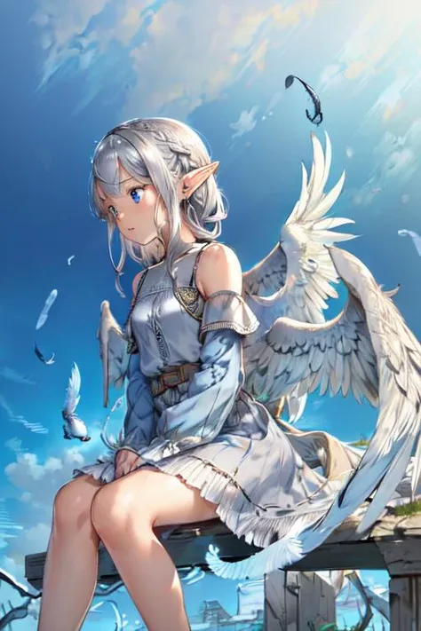 (best quality:1.2) (4k:1.) (very high resolution:1.1) , (realistic photograph:1.1) , (ultra detailed CG:1.1) ,
1girl elf , solo , (detailed face:1) , (small breasts:1) , (silver french braid:1.1) ,
<lyco:[LoHa]SeraphimConcept:.8> (Seraphim:1) , feathers , dress , bare shoulders , long sleeves , from side , sitting on edge , looking away , expressionless , close up , portrait , horizon , sky , architecture in background , perfect face