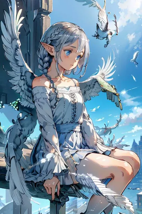 (best quality:1.2) (4k:1.) (very high resolution:1.1) , (realistic photograph:1.1) , (ultra detailed CG:1.1) ,
1girl elf , solo , (detailed face:1) , (small breasts:1) , (silver french braid:1.1) ,
<lyco:[LoHa]SeraphimConcept:.8> (Seraphim:1) , feathers , dress , bare shoulders , long sleeves , from side , sitting on edge , looking away , expressionless , close up , portrait , horizon , sky , architecture in background , perfect face