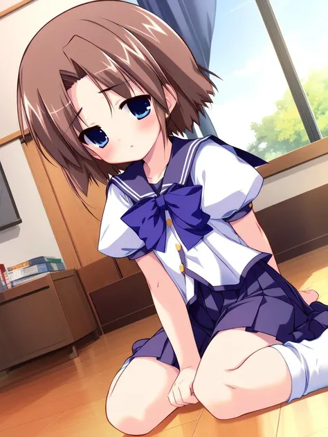 Vtuber excellent quality very detailed girl short brown hair brown eyes blue eye with cat ears short pleated skirt long white stockings 