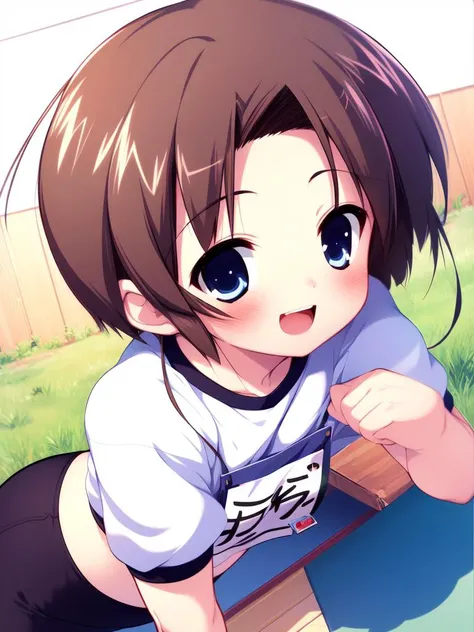 <lora:Shiki_Akimi:0.8>shikiakimi, blue eyes, brown hair, short hair, 1boy, soro, blush, smile, otoko no ko,
buruma, blush, gym uniform, smile, open mouth, name tag, child, 
masterpiece, high quality, very_high_resolution, large_filesize, full color,