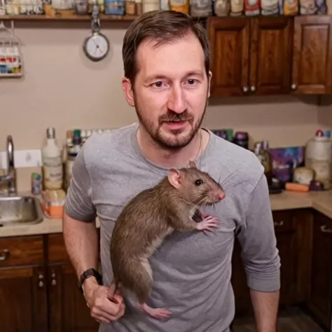running from rat <lora:XL_rekieta_v6:1>, rekieta, rekieta standing in kitchen, facial hair, rat on rekieta shoulder,