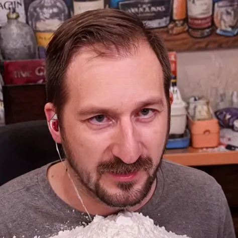 <lora:XL_rekieta_v6:1>, rekieta, facial hair, rat on rekieta shoulder, pile of white powder on desk