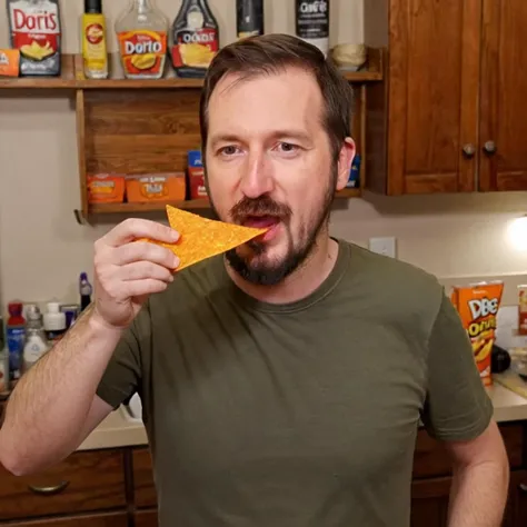 <lora:XL_rekieta_v6:1>, rekieta, rekieta standing in kitchen, facial hair, eating a single dorito