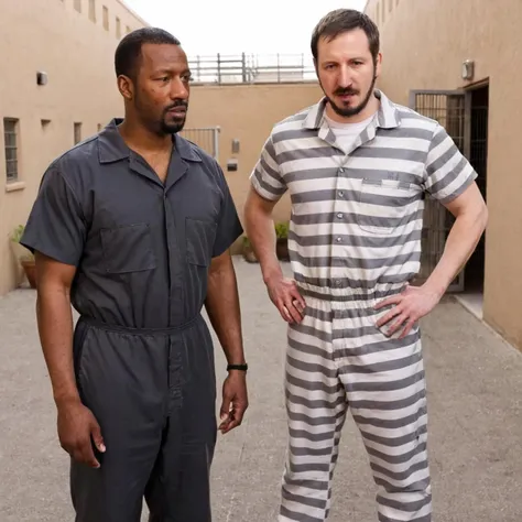 black man and white man in prison,  prison courtyard, <lora:XL_rekieta_v6:1>, rekieta, facial hair, prison, rekieta standing by black man, rekieta in prison, wearing prison jump suit, rekieta