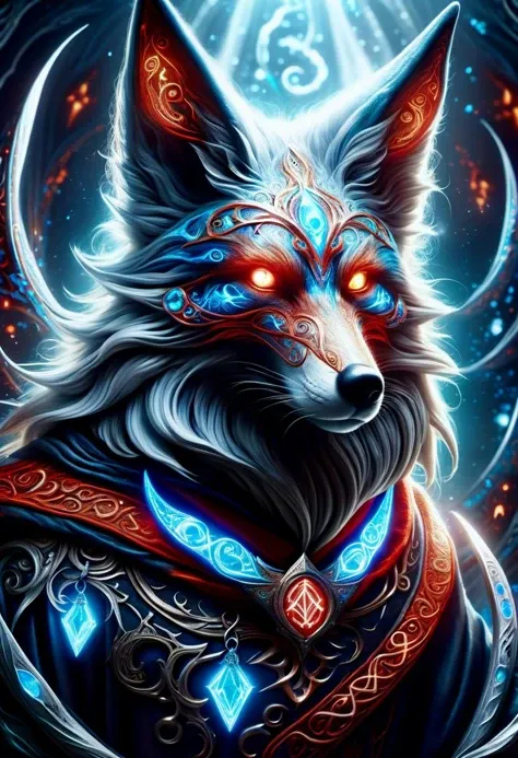hyper detailed masterpiece,DonMMy51ic4lXL, dementor, fox spirit,fox with multiple tails, power, magical enchanting aura,supernatural alluring eyes white and red, intelligence, trickery,wisdom, supernatural feats , runes <lora:DonMMy51ic4lXL-v1.1-000006:0.8>