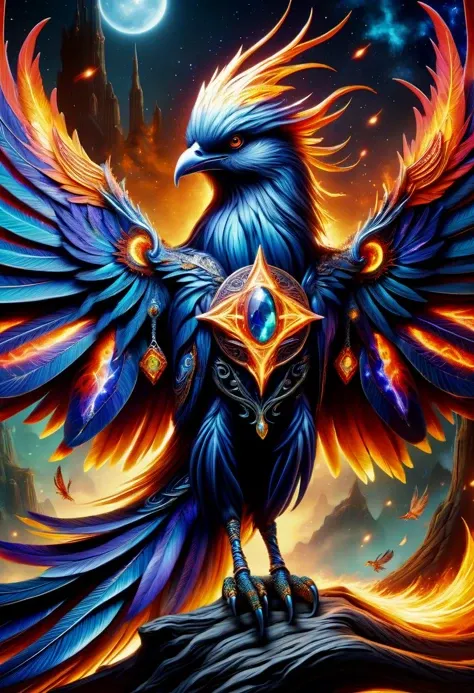 hyper detailed masterpiece,DonMMy51ic4lXL, dark elf, mythical powerful bird, in flames, vibrant colors,, large and majestic wings long flowing tail feathers, resplendent radiant plumage immortality, renewal, rebirth, sun and fire, Cimmerian,solar,eclipse,moonlit,collaborative,barren,serenity,mind-bending,esoteric , runes <lora:DonMMy51ic4lXL-v1.1-000006:0.8>