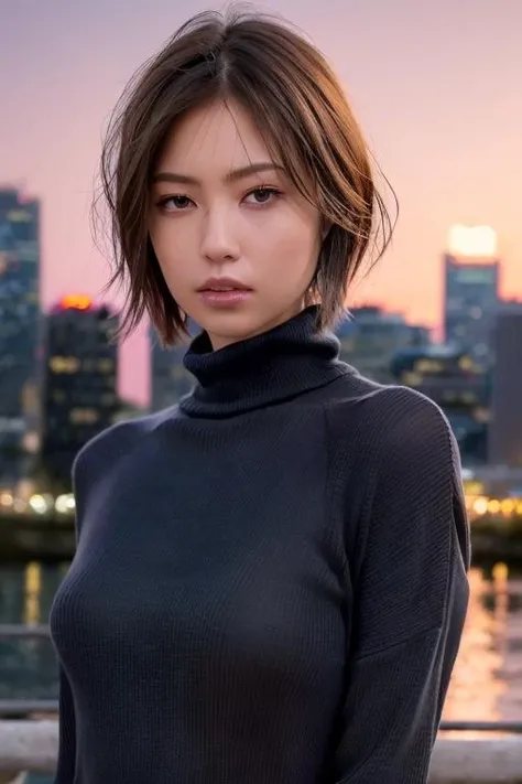 1girl,(wearing a turtleneck sweater:1.2),(RAW photo, best quality), (realistic, photo-realistic:1.4), masterpiece, an extremely delicate and beautiful, extremely detailed, 2k wallpaper, Amazing, finely detail, extremely detailed CG unity 8k wallpaper, ultra-detailed, highres, soft light, beautiful detailed girl, extremely detailed eyes and face, beautiful detailed nose, beautiful detailed eyes,cinematic lighting,city lights at night,perfect anatomy,slender body,(short hair:1.3),<lora:megumi_lora:0.8>