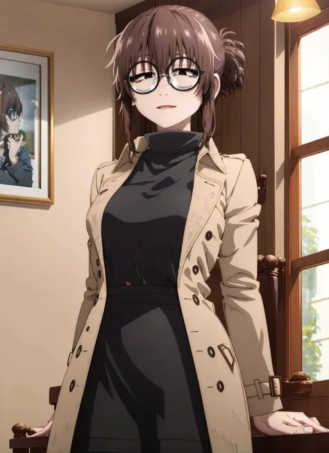 masterpiece, best quality, ultra-detailed, illustration, 1girl, solo, <lora:uguisuAnkoYofukashiNo_v10:1>, uguisu_anko, glasses, round eyewear, brown hair, folded ponytail, black eyes, turtleneck sweater, black sweater, trench coat, brown coat, open coat, black skirt, pencil skirt, medium skirt, indoors, cowboy shot,