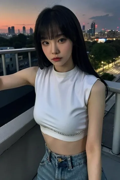 Fujifilm XT3, 8k,close up photo, masterpiece, best quality, (((1girl))), solo,realistic, ((looking at viewer)), photorealistic, (extremely detailed face), looking at viewer, ((ultra-detailed eyes and pupils)), ultra detailed, serious expression, cropped top,shirts, ((standing against a city skyline at night)), (rooftop), crop top, ((navel)), arms behind back, bangs, <lora:nanalorashy:1>