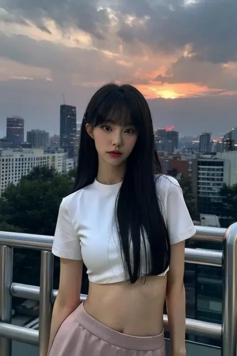 Fujifilm XT3, 8k,close up photo, masterpiece, best quality, (((1girl))), solo,realistic, ((looking at viewer)), photorealistic, (extremely detailed face), looking at viewer, ((ultra-detailed eyes and pupils)), ultra detailed, serious expression, cropped top,shirts, (standing against a city skyline at night), (rooftop), Suit skirt, ((navel)), arms behind back, bangs, <lora:nanalorashy:1>